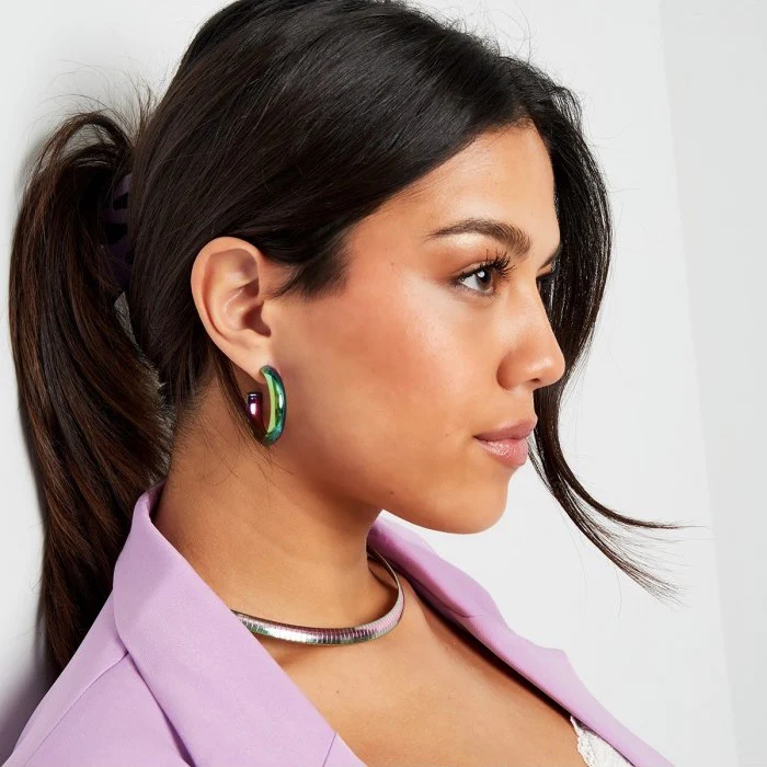 Oorbellen holografisch halve cirkel RVS Blauw Paars - Image 3